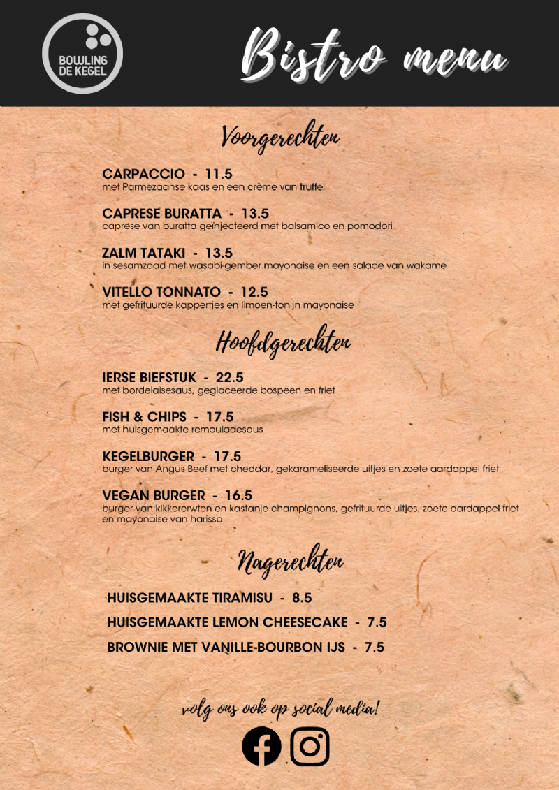 Menukaart Bistro de Kegel Amstelveen