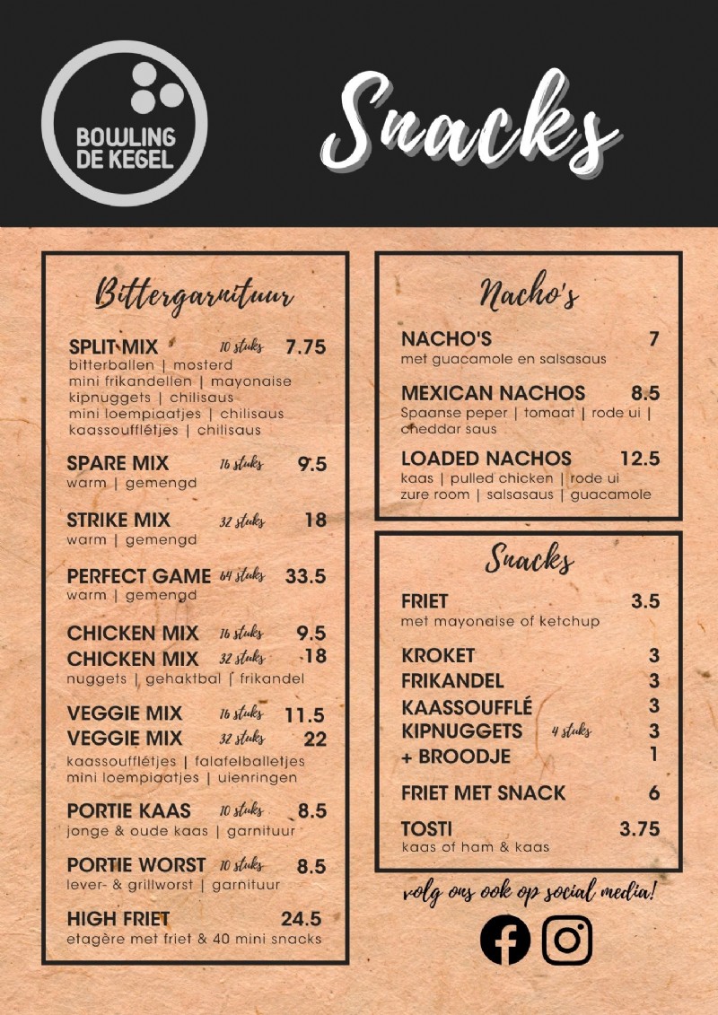 Snackkaart Bistro de Kegel NL