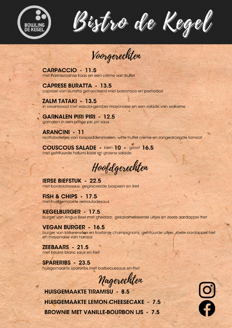 Menukaart Bistro de Kegel